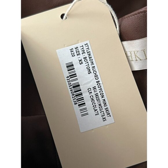 Meshki Ruched Bodycon Naomi Mini Skirt Size XS Chocolate Brown Faux Leather - Picture 8 of 15